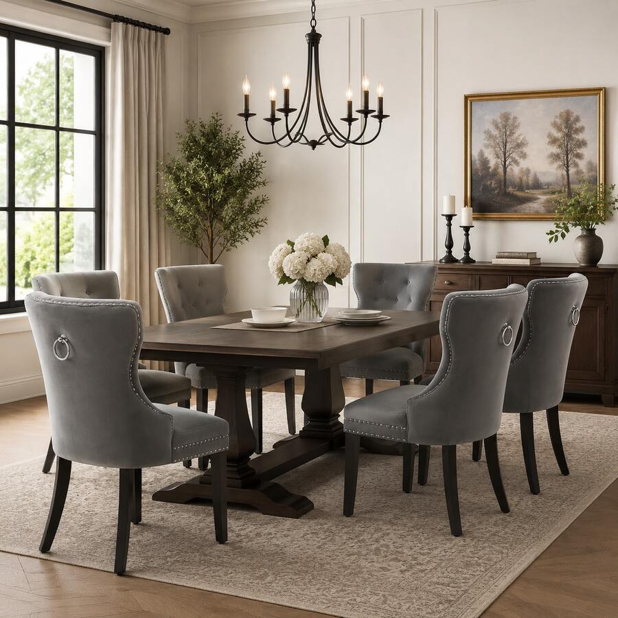 Dining Chair Set, 6 Piece Velvet Grey With Oak Legs - 灰色 - 查看 1