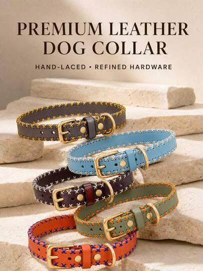 Hand-Laced Genuine Top-Grain Leather Dog Collar, Adjustable Wide Pet Collar With Gold-Tone Buckle & D-Ring, For Small, Medium & Large Dogs