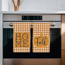2pcs Autumn Orange & White Plaid Pumpkin Silhouette Pattern Kitchen Towels, 40*60cm Soft Microfiber Tea Towels, Suitable For Home Kitchen Restaurant Outdoor Camping Tabletop Cleaning Dish Cloth Hand Towel Accessories HOME Fall Text Kitchen Towels Holiday Gift - Multicolor - View 6