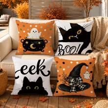 4pcs Halloween Cute Black Cat & Ghost Pattern Pillow Covers, Single-Sided Printed Skin-Friendly Peach Skin Velvet Material, 45*45CM Throw Pillow Covers Suitable For Room Decor, Indoor Sofa Living Room Decor, Party Decoration, Decorative Pillow Covers Gift - Multicolor - View 2