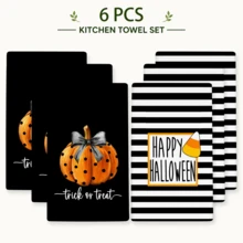 萬聖節廚房抹布套組 (2件裝)，黑色「Trick Or Treat」南瓜條紋餐巾布，乾式洗碗布，農舍風居家裝飾 - 彩色 - 查看 12
