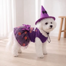 Halloween Pet Witch Dress & Hat Set, Pumpkin Ghost Bow Dog Costume, Holiday Party Pet Dress-Up Outfit - Purple - View 1