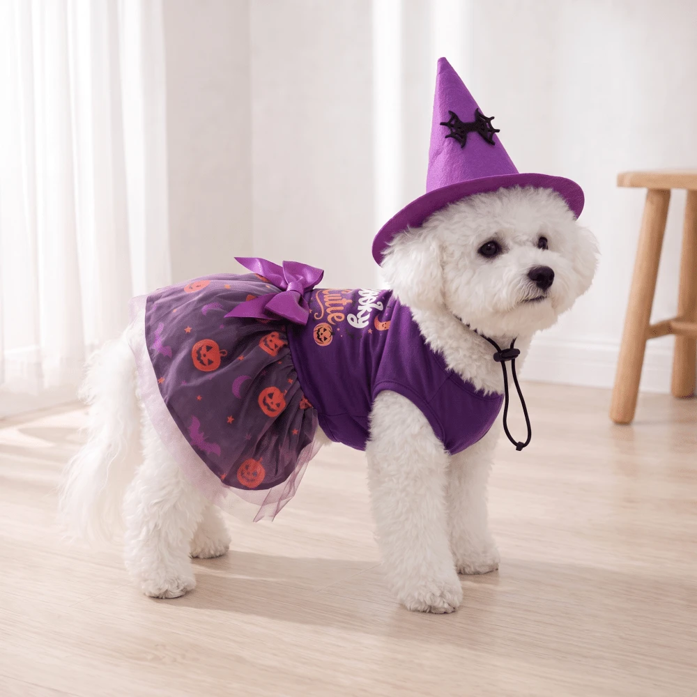 Halloween Pet Witch Dress & Hat Set, Pumpkin Ghost Bow Dog Costume, Holiday Party Pet Dress-Up Outfit - Purple - View 1