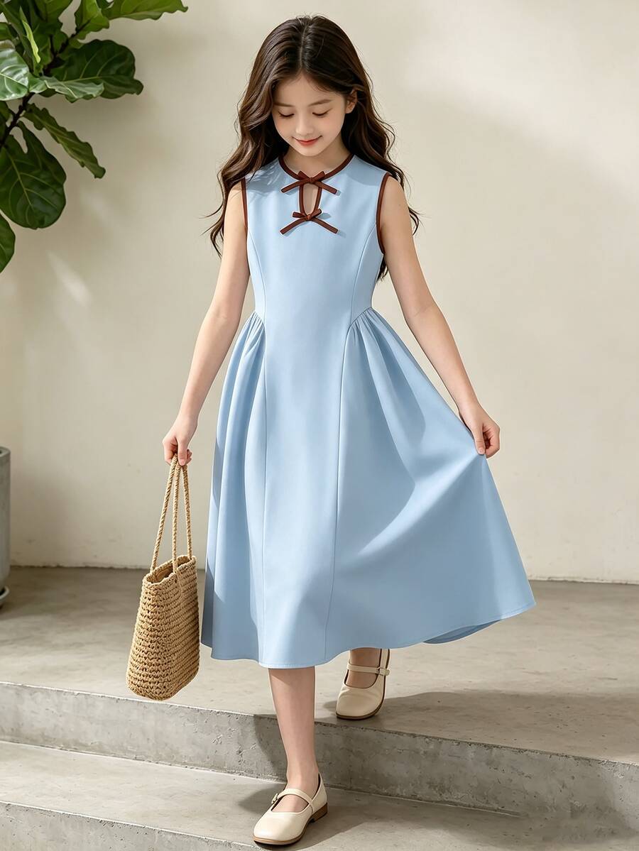 Left Mama Girls Elegant Hollow Bowknot Sleeveless Dress, Summer - Baby Blue - View 1