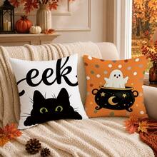4pcs Halloween Cute Black Cat & Ghost Pattern Pillow Covers, Single-Sided Printed Skin-Friendly Peach Skin Velvet Material, 45*45CM Throw Pillow Covers Suitable For Room Decor, Indoor Sofa Living Room Decor, Party Decoration, Decorative Pillow Covers Gift - Multicolor - View 5
