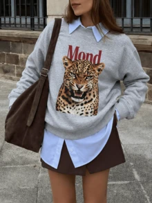 Autumn/Winter New Women's Round Neck Sweatshirt Leopard Print Fashion Versatile Street Casual - Dark Gray - View 7