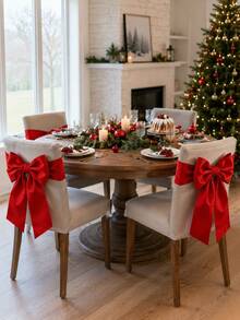 1pc/4pcs Red Satin Christmas Chair Back Bow Decor, Pre-Tied No-Knot Ready-To-Use, With Long Ribbons, Easy-Slip Design, Suitable For Dining Room, Home Dinner, Christmas Party, Wedding Banquet, Restaurant And Holiday Home Decor - Red - View 1