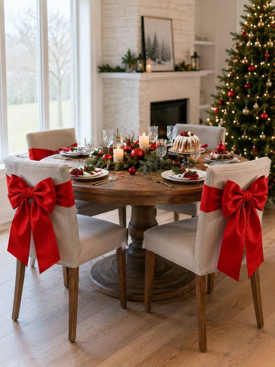1pc/4pcs Red Satin Christmas Chair Back Bow Decor, Pre-Tied No-Knot Ready-To-Use, With Long Ribbons, Easy-Slip Design, Suitable For Dining Room, Home Dinner, Christmas Party, Wedding Banquet, Restaurant And Holiday Home Decor - Red - View 1