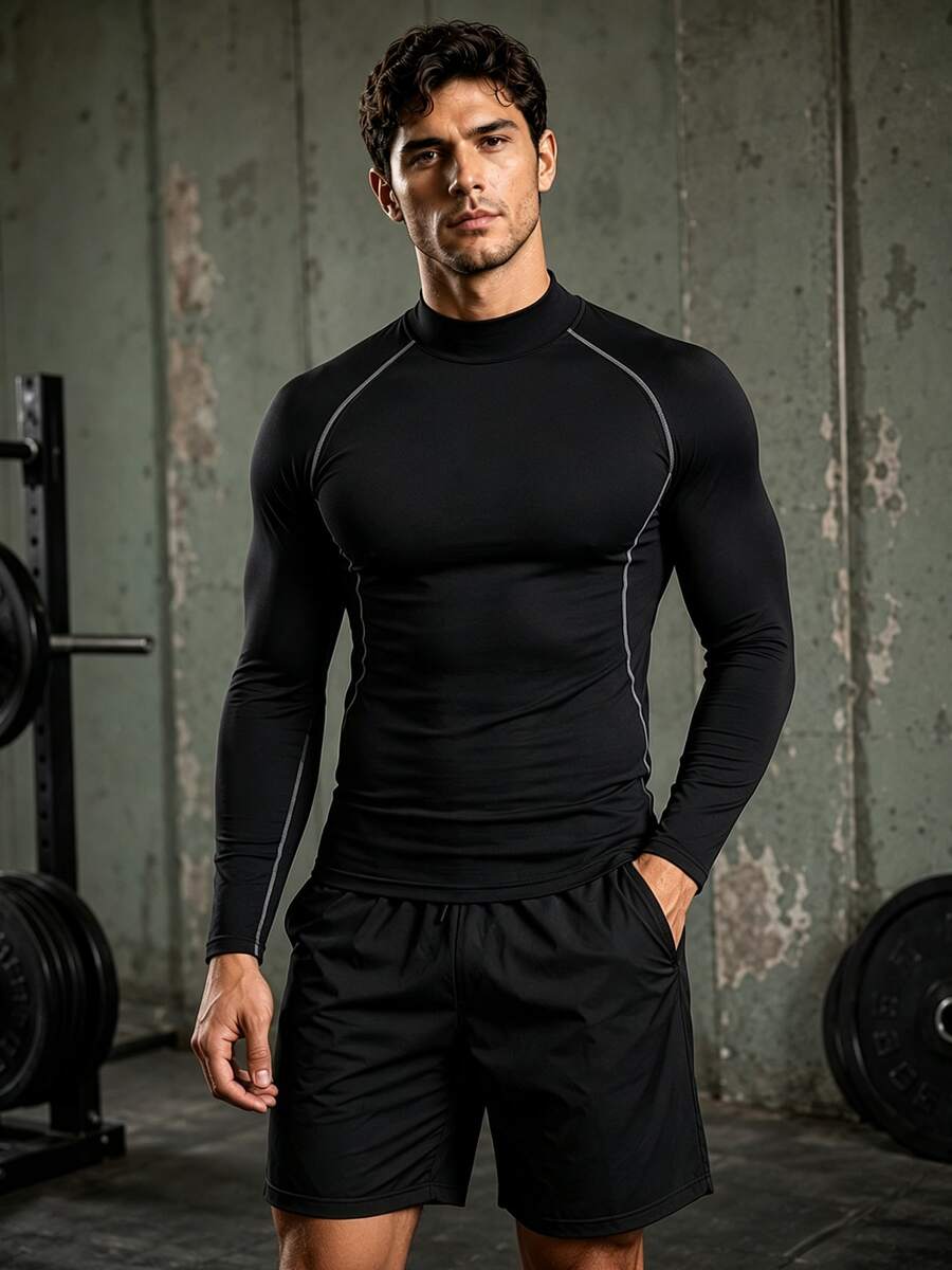 Boyfriend Style Men's High Elasticity Quick Drying Stand Collar Long Sleeve Tight Sports Tee, Running And Exercising Tee With Sun Protection - Black - View 1