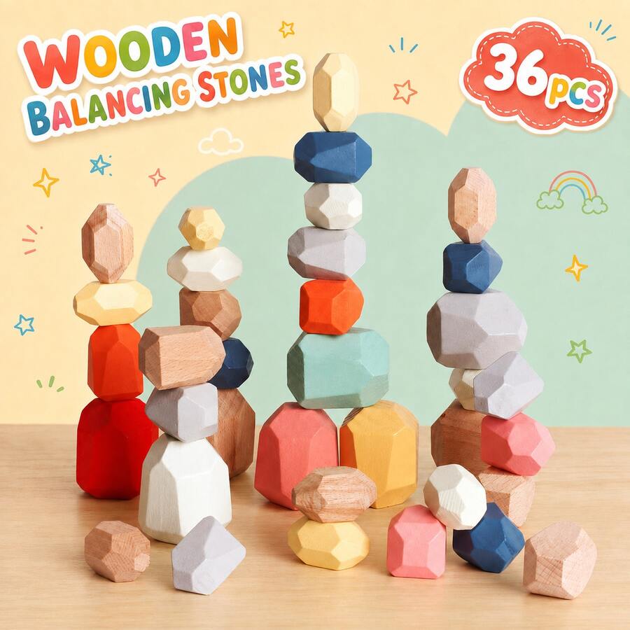 36pcs/20pcs Kids Wooden Balance Stones, 3+ Years, Colorful Rock Stacking Blocks, Mixed Sizes, Montessori Fine Motor Construction Toy, Open-Ended Family Game, Birthday And Eid Gift - Multicolor - View 1