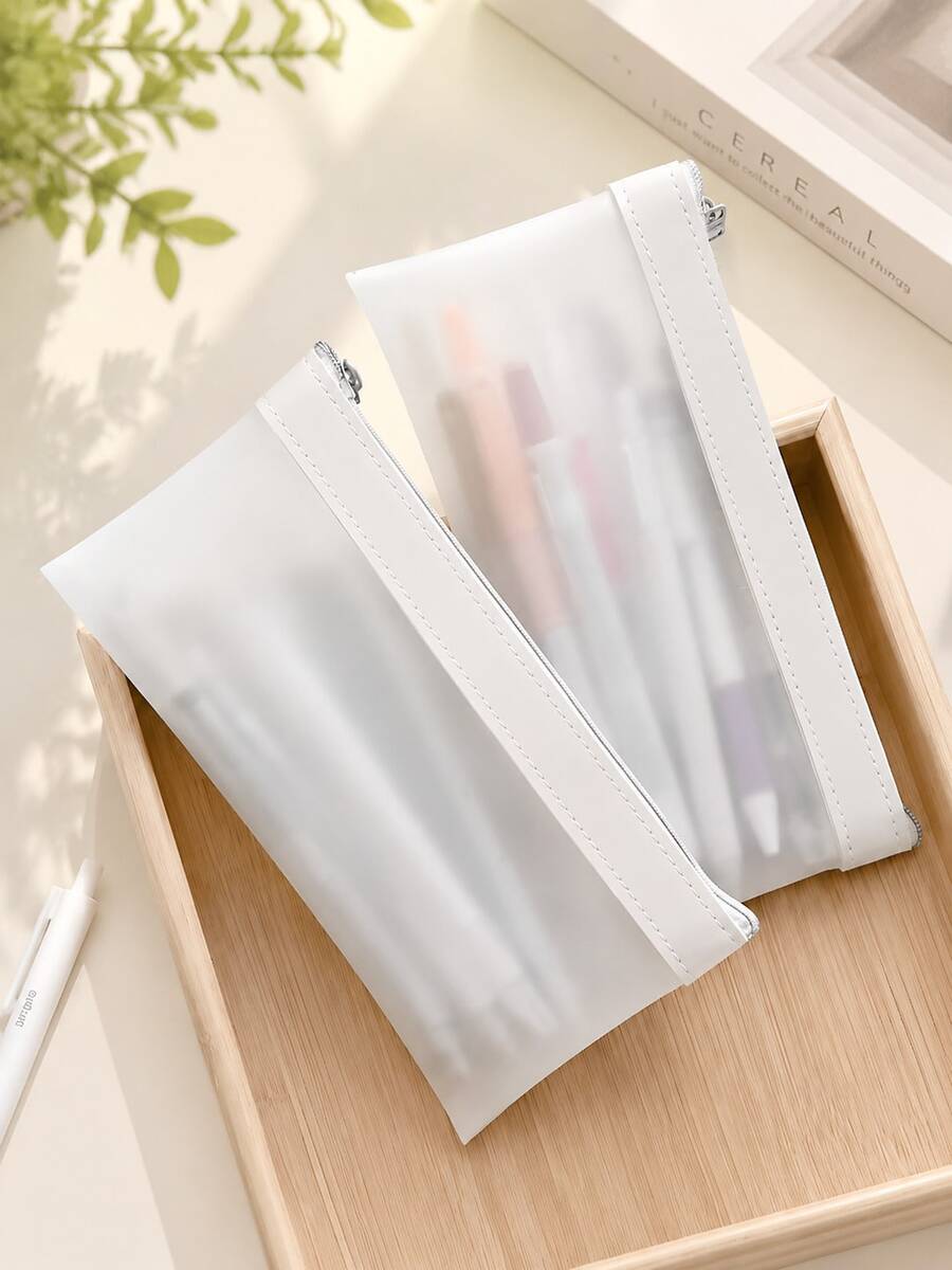 1pc Frosted Transparent Zipper Pencil Case, Large Capacity Multi-Function Storage Office Bag, Portable Pencil Box, Back To School Essential - Multicolor - View 1