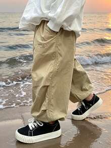 Boys' Toddler Summer Cotton Wide Leg Long Pants With Cuffed Hem, Casual Trousers Suitable For Summer Wear - Khaki - View 1
