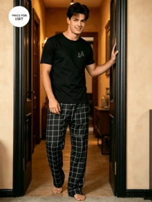 Un conjunto de pijamas sencillos para parejas, pantalones a cuadros negros, estilo básico discreto, conjunto de ropa de dormir a juego para parejas. - Colores mixtos - Ver 4