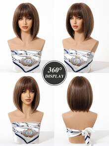 10 Inch Brown And Ash Brown Bob Wigs For Women, Short Straight Layered Synthetic Hair Wigs With Full Bangs And Natural Highlights, Soft Heat Resistant Fiber, Easy Wear For Daily Work, Office, School, Halloween, Cosplay, Retro Parties And Date Night - Multicolor - View 2
