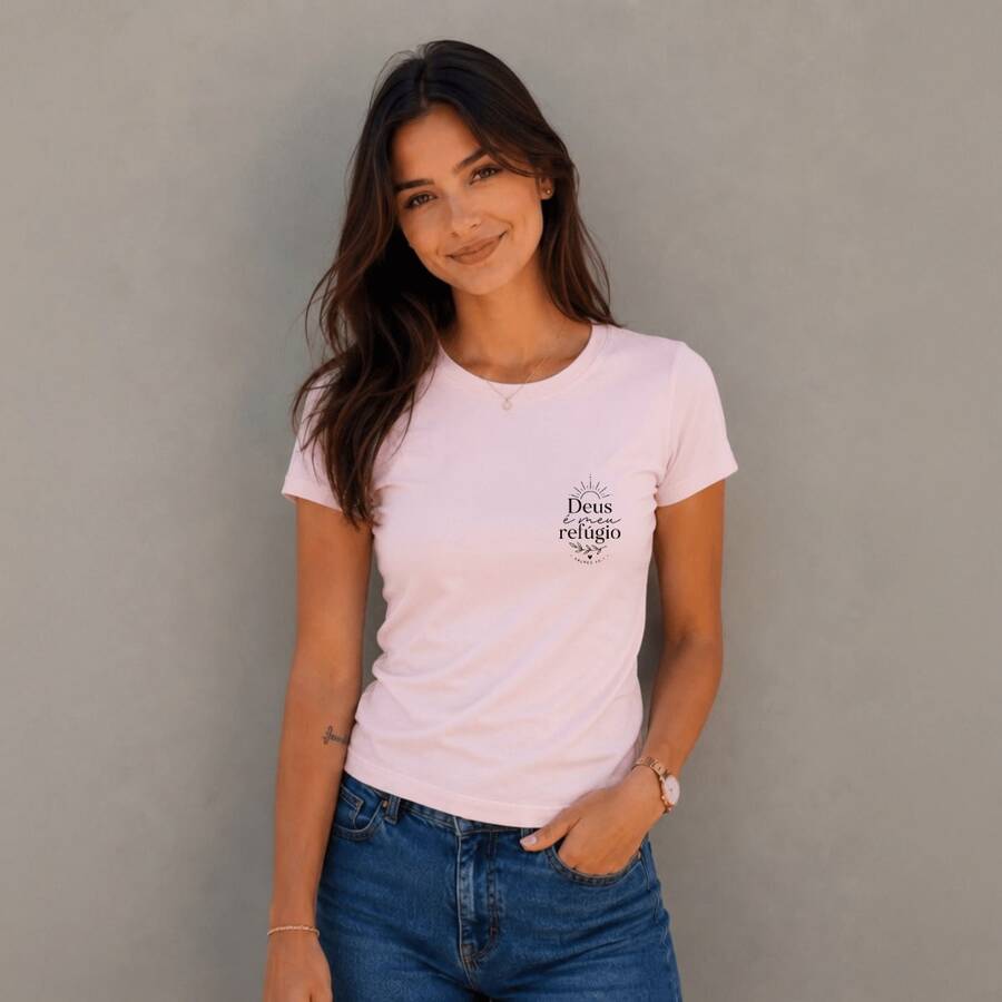 Camiseta Feminina Estampada Deus é Meu Refugio 100% Algodão Macia Confortável Casual - Rosa Bebê - Visão 1