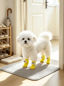 4 Pairs Cute Big Eye Dog Socks, Soft Knitted Paw Protection Socks, Wear-Resistant Non-Scratch Puppy Paw Covers, Warm Indoor Pet Socks, Suitable For Small Dogs, Prevent Licking, Pet Accessories - Multicolor - View 5