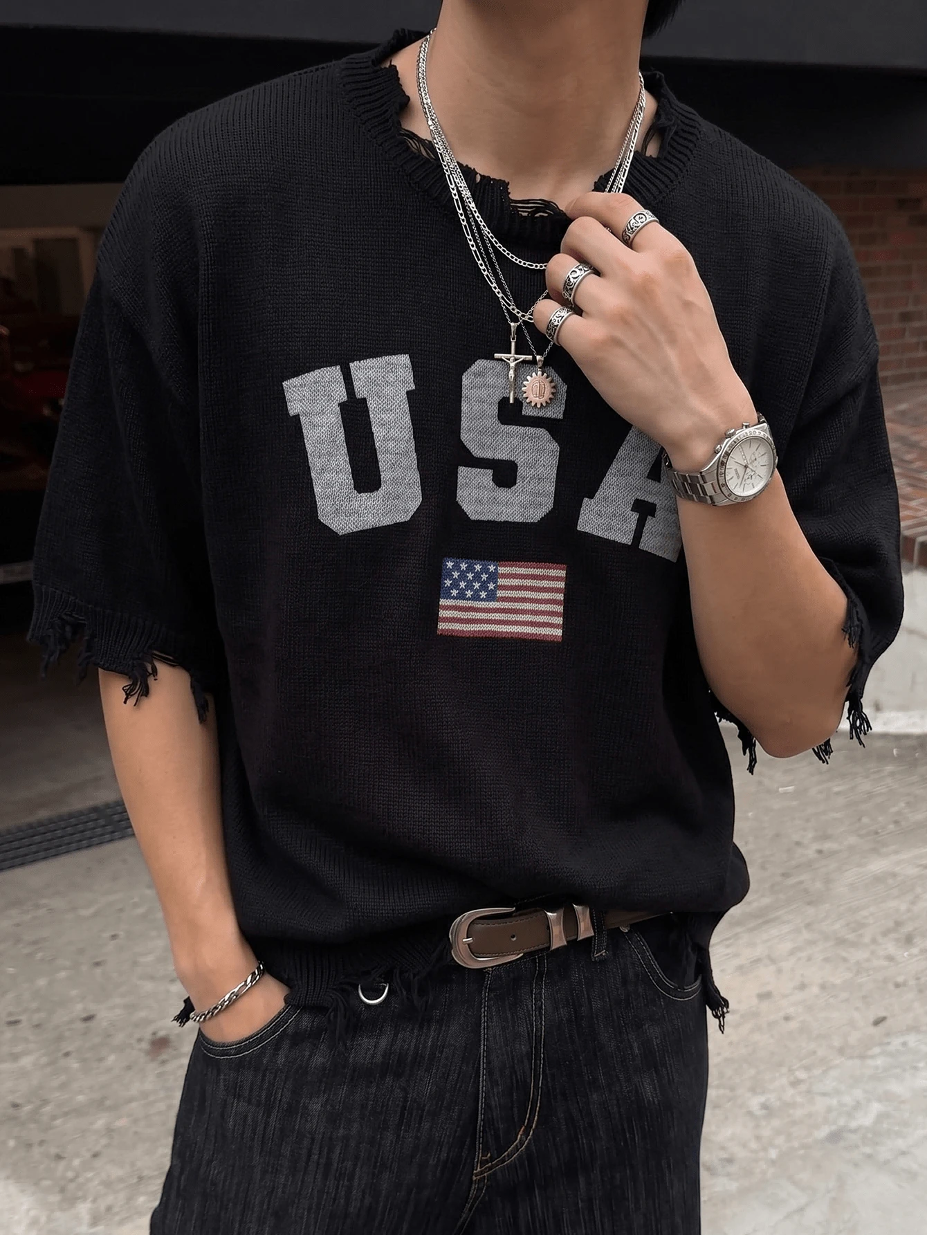 ANDREILEE Men's Knit Top Street Casual Loose Fit Versatile USA Flag Print Crew Neck Short Sleeve Pullover T-Shirt Spring Summer - Black - View 1