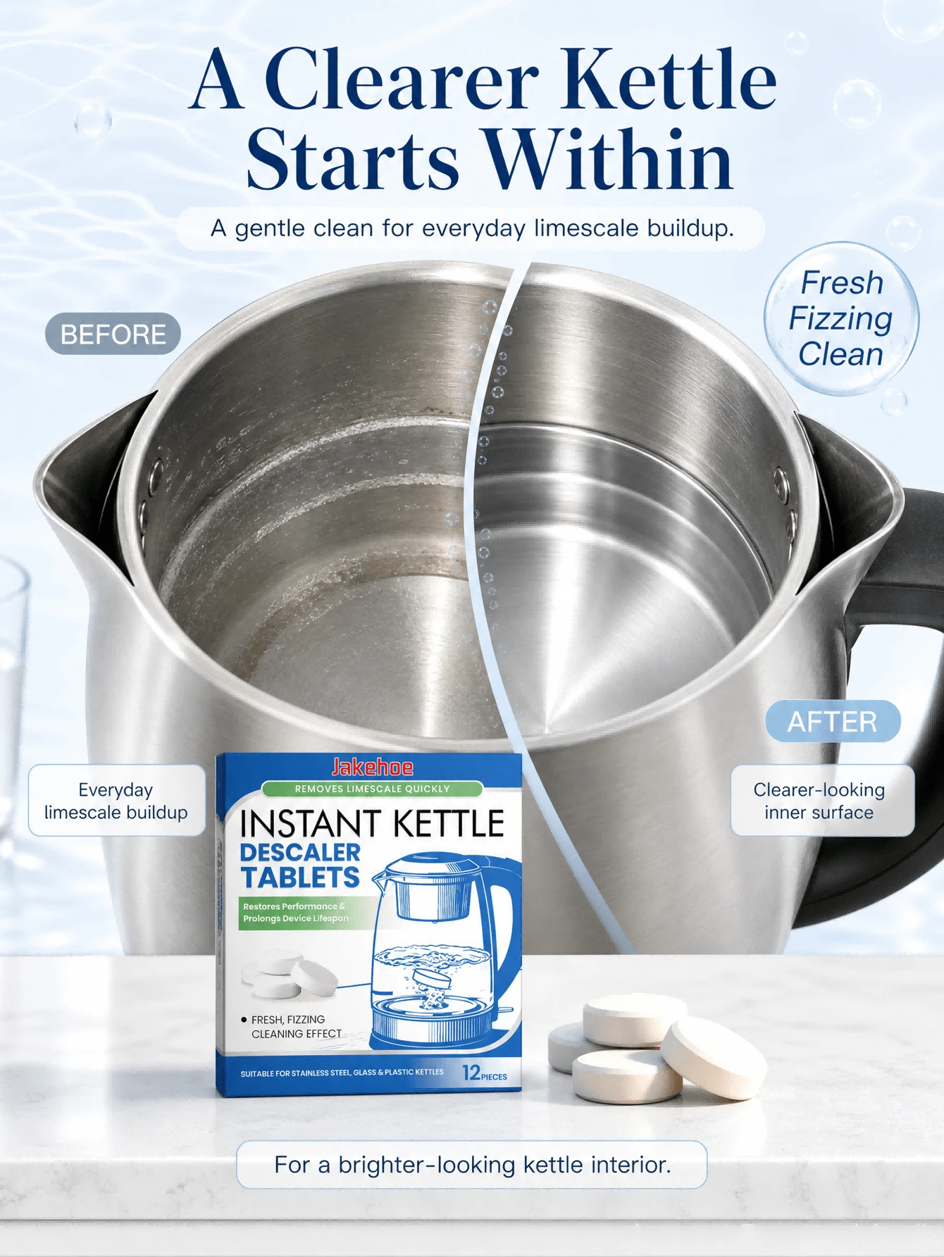 jakehoe Water Kettle Descaling Tablets, Effervescent Stain Remover For Water Kettle, Clean And Clear Shiny Universal Descaling Tablets, Water Kettle, Limescale, Pot, Household Essential, Holiday Must-Have, Perfect Gift Choice - Solid State - View 1
