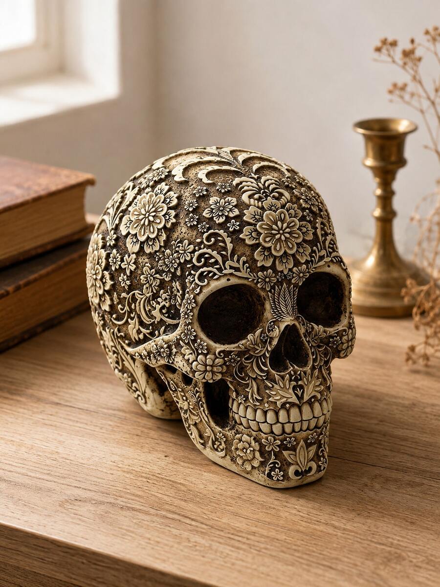 Estatua Decorativa de Calavera Floral Vintage, Elegante Figura de ...