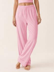 Sodalemon Pink Drawstring Vacation Daily Wear Casual Style Ladies Trousers, Lightweight Comfortable Long Pants For Spring/Summer Straight Leg Pajama Bottoms - Pink - View 3