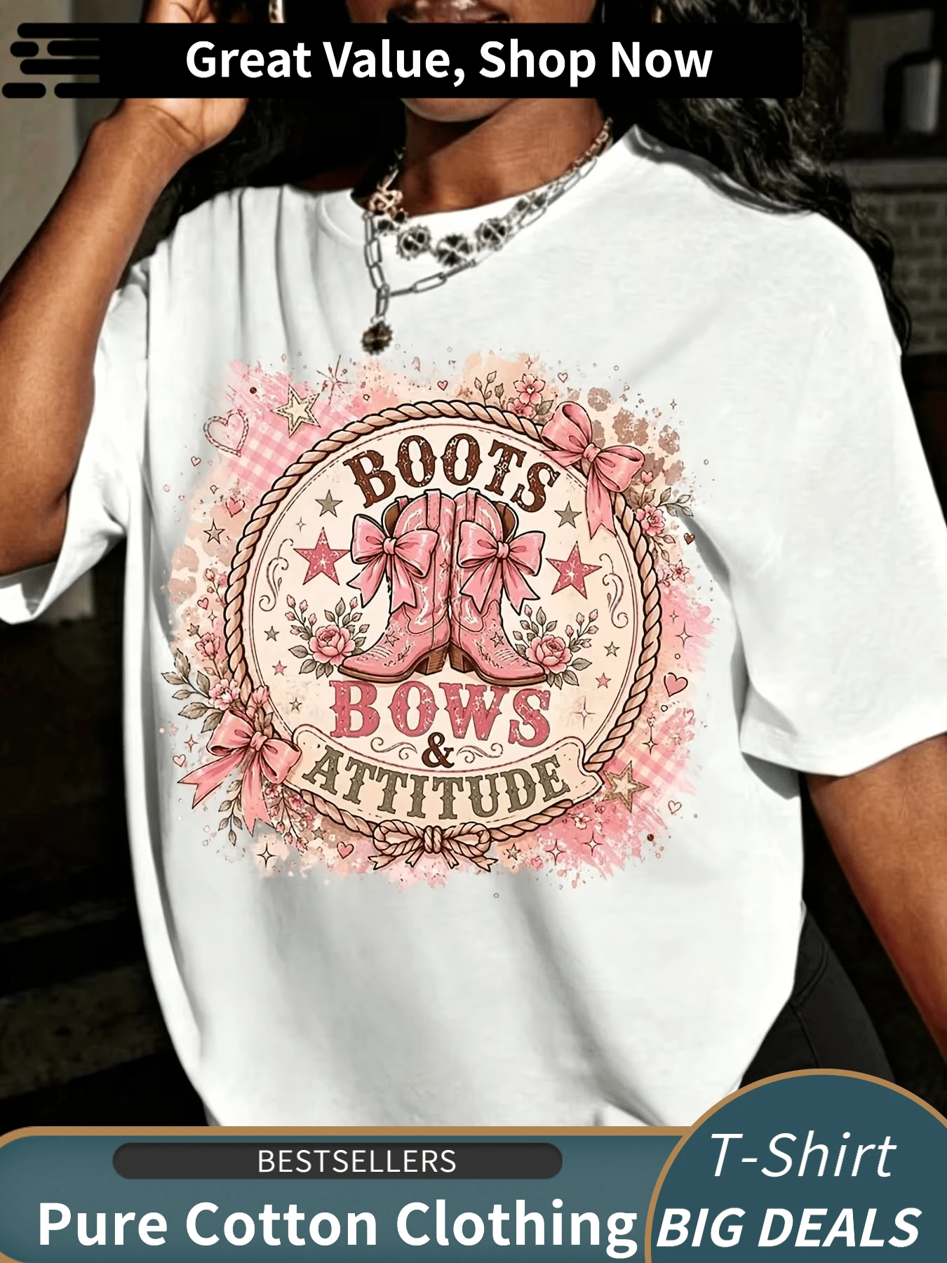 Western Chic Boots And Bows Attitude Graphic Tee Pink Floral Print Oversized Fit Casual Streetwear Style - 白色 - 查看 1