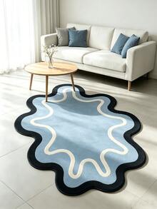 1pc Irregular Blue Background Line Decor Carpet, Velvet Rug, Modern Minimalist Luxury, Indoor Door Mat, Bathroom Mat, Kitchen Mat, Absorbent Quick-Drying, Room Decor, Non-Slip Wear-Resistant, Easy To Clean, Washable, Home Decor, Floor Decoration, Floor Protection - Blue and White - View 4