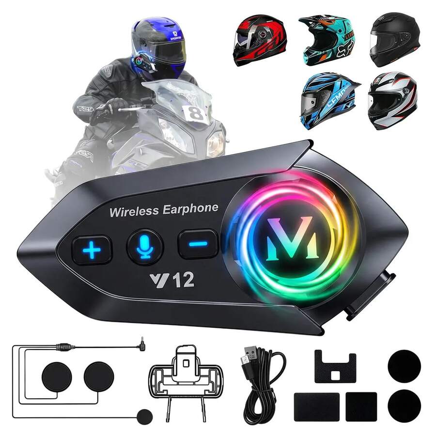 Y12 Bluetooth Motorcycle Helmet Intercom System Integrated Headset With Microphone Black