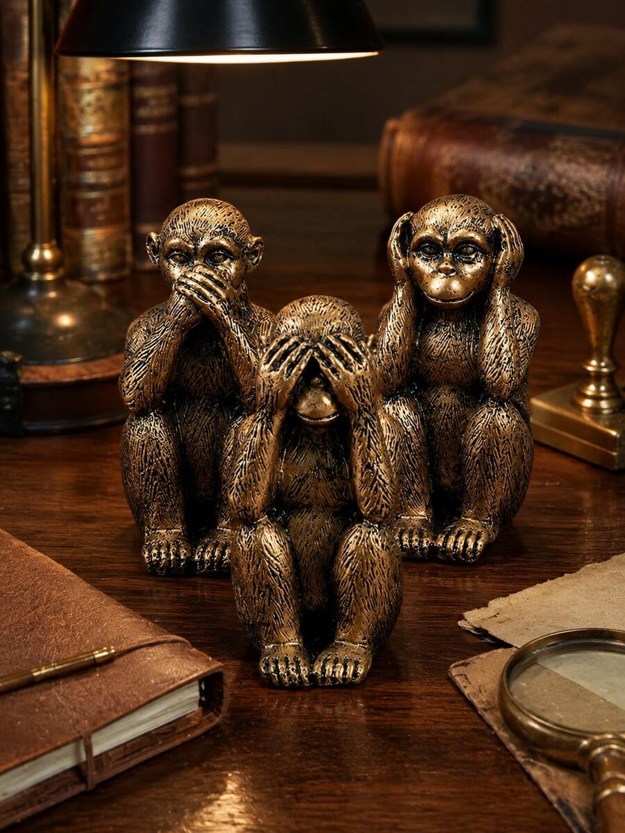 Three Wise Monkeys Statue Set, 3 PiecesAntique Bronze Monkey Ornaments Covering Eyes Ears And Mouth, Symbolic Home And Office Decor For Console Table, Library And Meditation Room - Classic - View 1