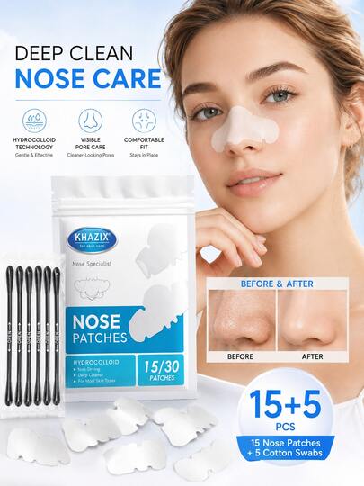 15 Buah Plester Pembersih Pori Hidung + 5 Cotton Swab, Plester Hidung Hidrokoloid dengan Esensi Asam Salisilat untuk Menyerap Minyak dan Membersihkan Pori-Pori, Stiker Hidung Pembersih Pori-Pori Mendalam
