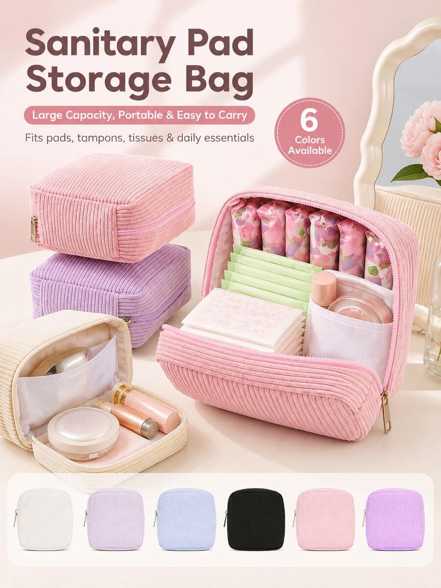 Sanitary Napkin Storage Bag Corduroy Multifunctional Portable Storage Pouch Makeup Lipstick Bag Large Capacity Can Store Sanitary Napkins, Cotton Swabs, Stationery, Coins, Pencils, Cash, Cosmetics - Multicolor - View 1