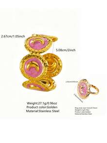 VceTd 1 Set Gentle Style Pink Enamel Moon Stainless Steel Women's Jewelry Set Suitable For Party Wear - Yellow Gold - View 13