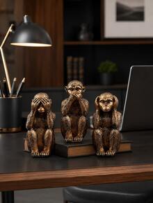 Three Wise Monkeys Statue Set, 3 PiecesAntique Bronze Monkey Ornaments Covering Eyes Ears And Mouth, Symbolic Home And Office Decor For Console Table, Library And Meditation Room - Classic - View 2