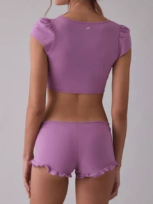 Tie Front Crop Top For Women Deep-V Neck Shirt Short Sleeve Y2K Camisole For Festivals, Beach Trips, Date Night Cosplay - Mauve Purple - View 5