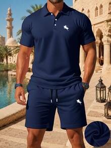 2pcs Men's Plus Size Casual Polo Shirt With Turn-Down Collar And Drawstring Shorts Set, Fashionable Exquisite Knight Horse Pattern Print, Suitable For Beach, Travel, Home And Daily Wear, Comfortable Breathable Sportswear - Royal Blue - View 10