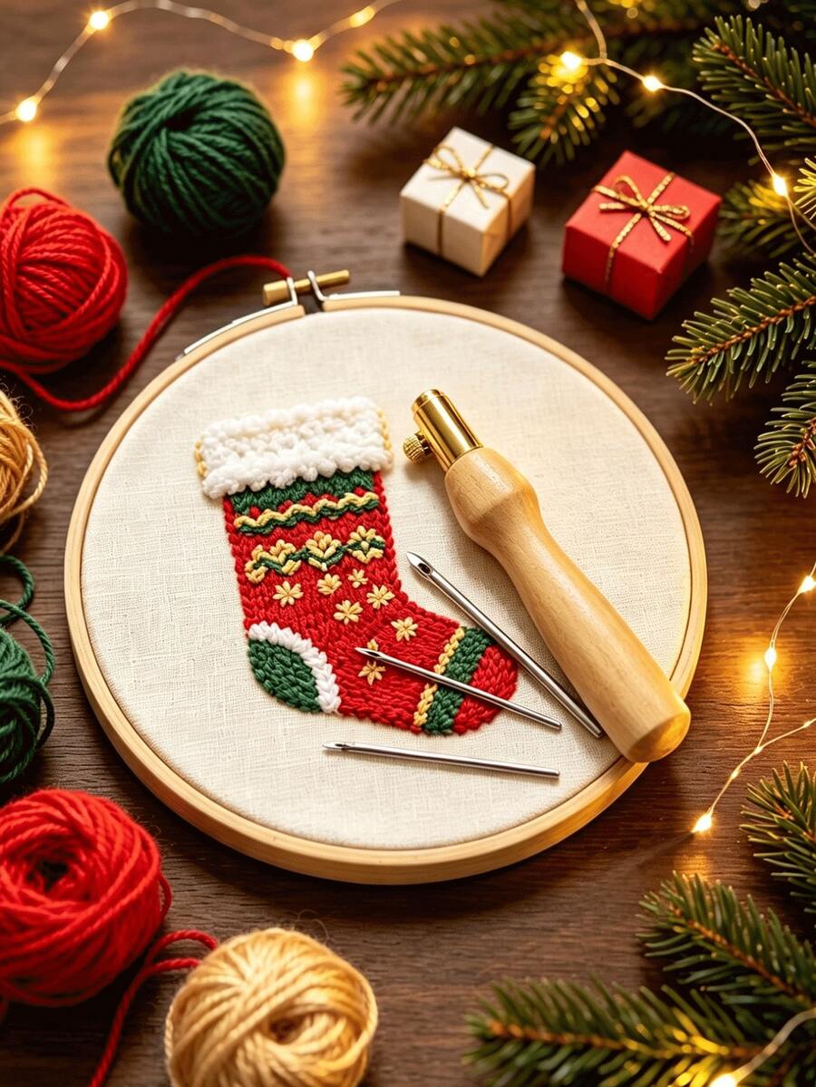 Wooden Handle Punch Needle Set, 3pcs Replaceable Silver Metal Needle Heads, Beginner-Friendly Russian Punch Embroidery Tools, Tapestry / Pillow / Home Decor / Holiday Gift Handmade Punch Embroidery Tools - Wooden Handle With 3 Needles - View 1