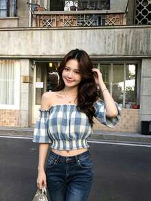 YCYC 女款露肩格紋上衣，性感露鎖骨韓式法式風短袖上衣，夏季穿搭 - 藍色 - 查看 4