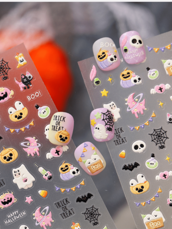 1 Pegatina de arte de uñas 3D con relieve de Halloween, silueta de fantasma, calabaza, murciélago, telaraña, autoadhesiva, patrón de fantasma de dibujos animados, decoración de arte de uñas