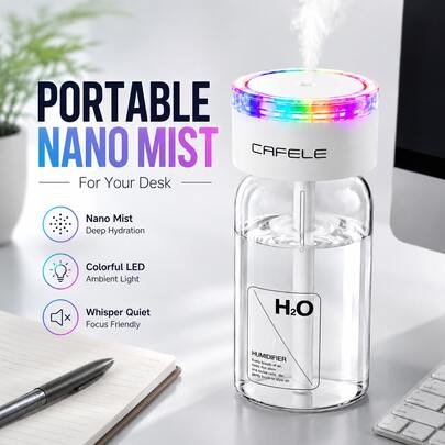 Portable Humidifier & Aroma Diffuser, Nano Cold Mist Humidifier With 3 Spray Levels And 7-Color LED Night Light, Quiet Atomizer (Below 30 Decibels), USB Rechargeable, Suitable For Bedrooms, Living Rooms, Cars, Desks, And Home Décor.
