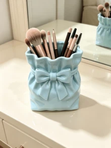 1pc Pink & White Bow Makeup Brush Storage Box, Durable Vinyl Desktop Cosmetic & Jewelry Organizer, Cute Style Vanity Tray, Bedroom Dresser Cute Girly Home Decor Accessory, Suitable For Eyeshadow Palettes & Lipsticks - Multicolor - View 11