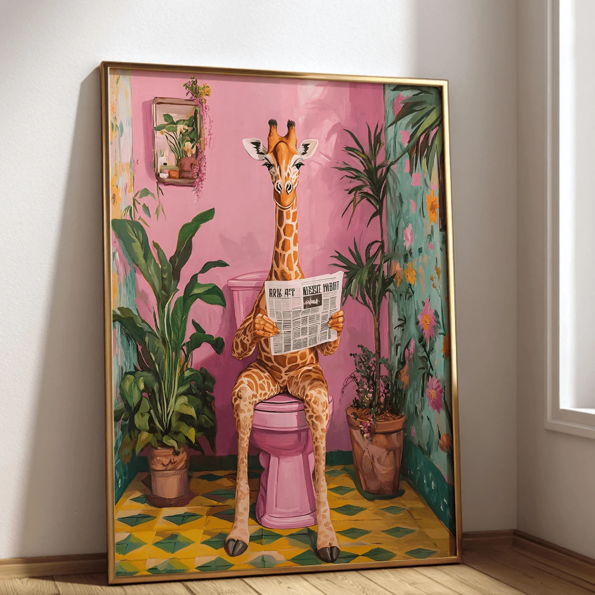 1pc Modern Canvas Wall Art Decor, Animal Poster, Fun Animal Theme, Cute Giraffe Reading Newspaper In Bathroom, Bathroom/Toilet Decor, Framed Or Unframed, Bathroom Wall Decor Gift - A - View 1