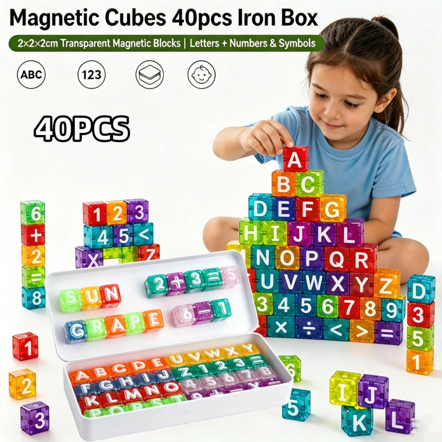 40PCS Alphabet & Number Magnetic Cubes, Children STEM Education Stacking Blocks, Montessori Learning Sensory Toys, Portable Travel Building Game, Suitable For Boys & Girls 3 Years Old And Above, Random Colors - Color - View 1