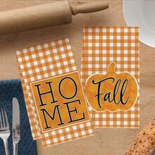 2pcs Autumn Orange & White Plaid Pumpkin Silhouette Pattern Kitchen Towels, 40*60cm Soft Microfiber Tea Towels, Suitable For Home Kitchen Restaurant Outdoor Camping Tabletop Cleaning Dish Cloth Hand Towel Accessories HOME Fall Text Kitchen Towels Holiday Gift - Multicolor - View 5