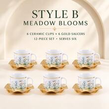 12-Piece Vintage Floral Ceramic Cup Set, 6 Floral Print Porcelain Mugs With 6 Gold Wavy Metal Cup Holders, Elegant Gold-Rimmed Tea Cups Coffee Cups, Afternoon Tea Table Decor Service Set, Suitable For 6 People - White - View 13