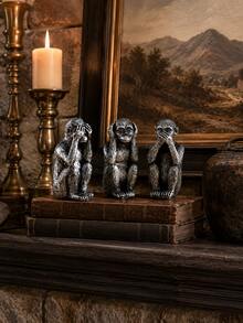 Three Wise Monkeys Statue Set, 3 PiecesAntique Silver Monkey Ornaments Covering Eyes Ears And Mouth, Meaningful Home Decor For Shelf, Library, Entryway And Housewarming Gift - Classic - View 6