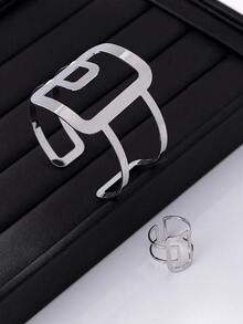 2pcs Hollow Square Patchwork Bracelet & Ring Set, New Style, Personalized Fashion Bracelet, Creative Design Hand Jewelry Accessory - Silver - View 2