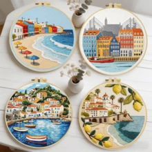 1PC 20*20cm/7.9*7.9in,Houses On Islands Embroidery Kit, DIY Handmade Embroidery Set For Adult Beginners, Home Gift, Women's Sewing Gift, Including User Manual, Printed Pattern Fabric, Embroidery Frame, Needle And Thread. - Seaside Town - View 10