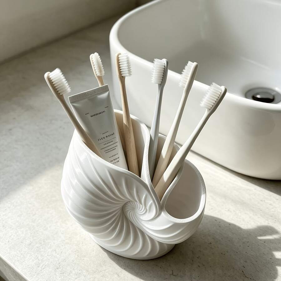 1pc 3D Printed Seashell Spiral Toothbrush Holder, Plastic Material, 3-Compartment Toothbrush Cup Storage, Bathroom Countertop Toothpaste Razor Organizer Rack, Home Toiletries Storage Shelf - Multicolor - View 1