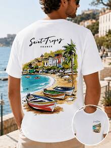 Christmas Men's Short Sleeve Patterned Shirt, Saint-Tropez Coast Boat Print, French Holiday Casual Theme Short Sleeve, Men's Top, Popular Item - Black - View 7