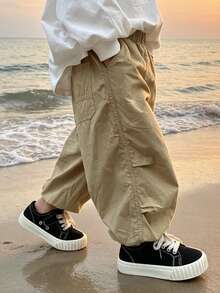 Boys' Toddler Summer Cotton Wide Leg Long Pants With Cuffed Hem, Casual Trousers Suitable For Summer Wear - Khaki - View 2