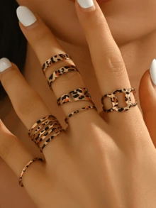 5pcs Fashionable Elegant Vintage Personalized Sexy Line Leopard Print Design Open Ring Set, Suitable For Women's Daily Wear - Multicolor - View 6